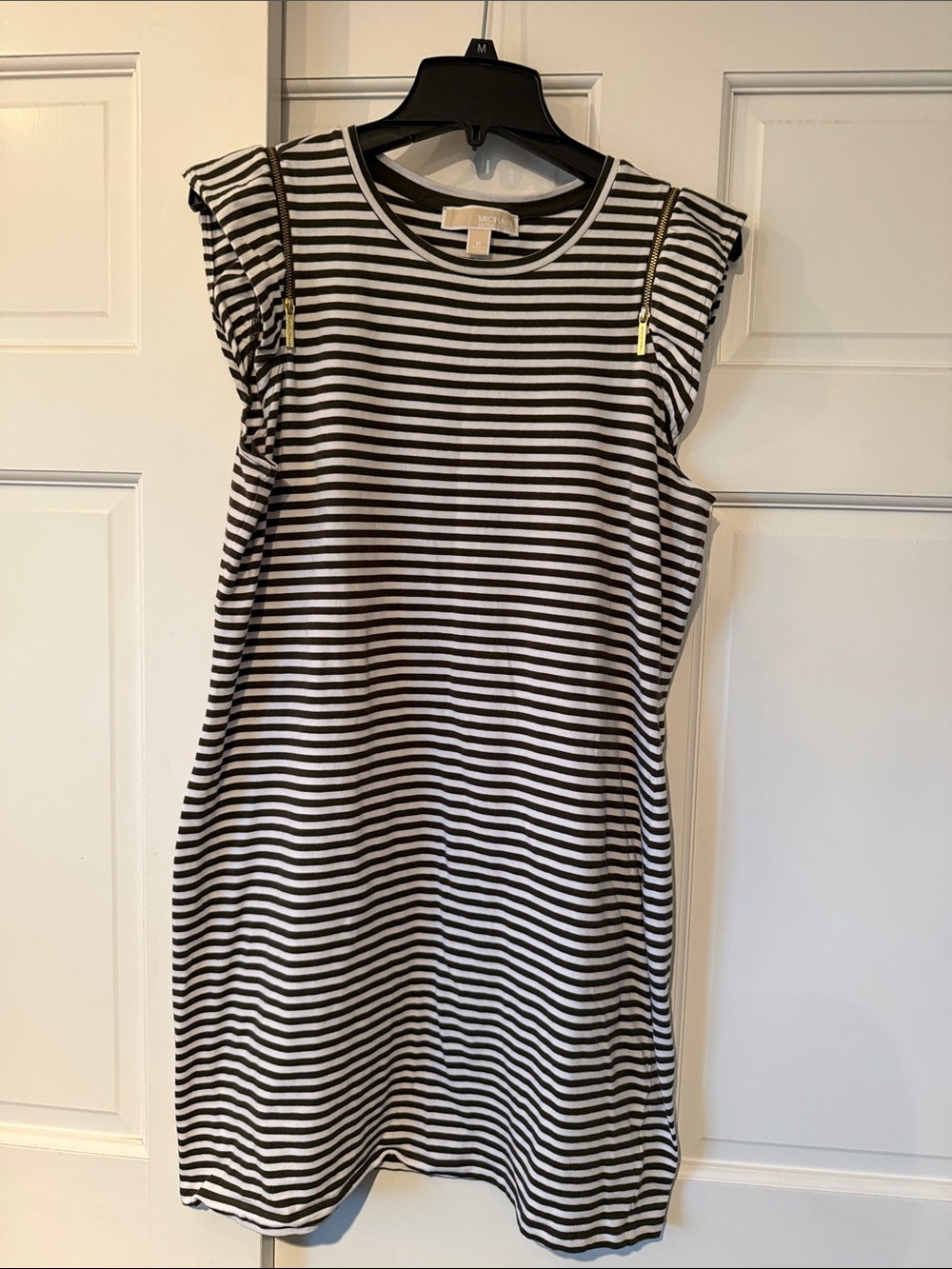 Striped Olive Green & White Sleeveless Shift Dress